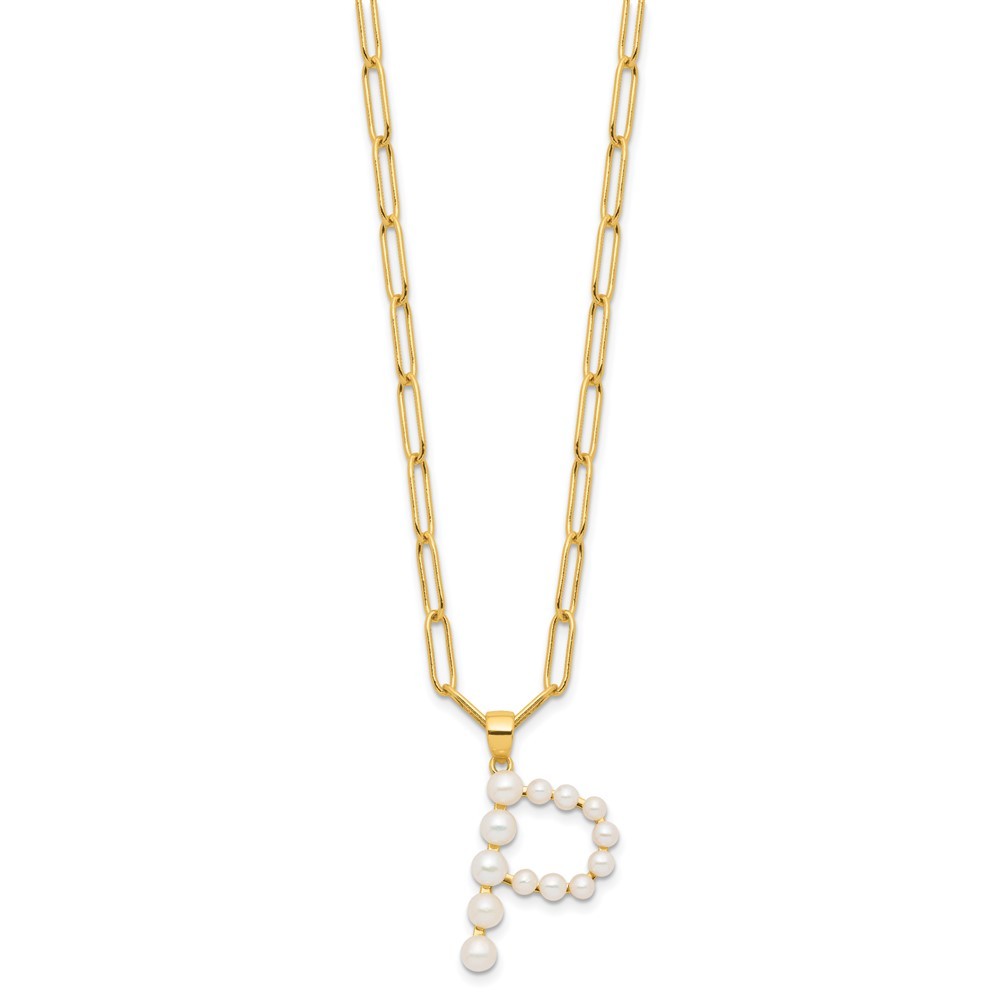 Sterling Silver 3-5.5mm White Button Cultured Pearl LETTER P Necklace 18"