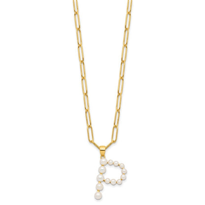 Sterling Silver 3-5.5mm White Button Cultured Pearl LETTER P Necklace 18"