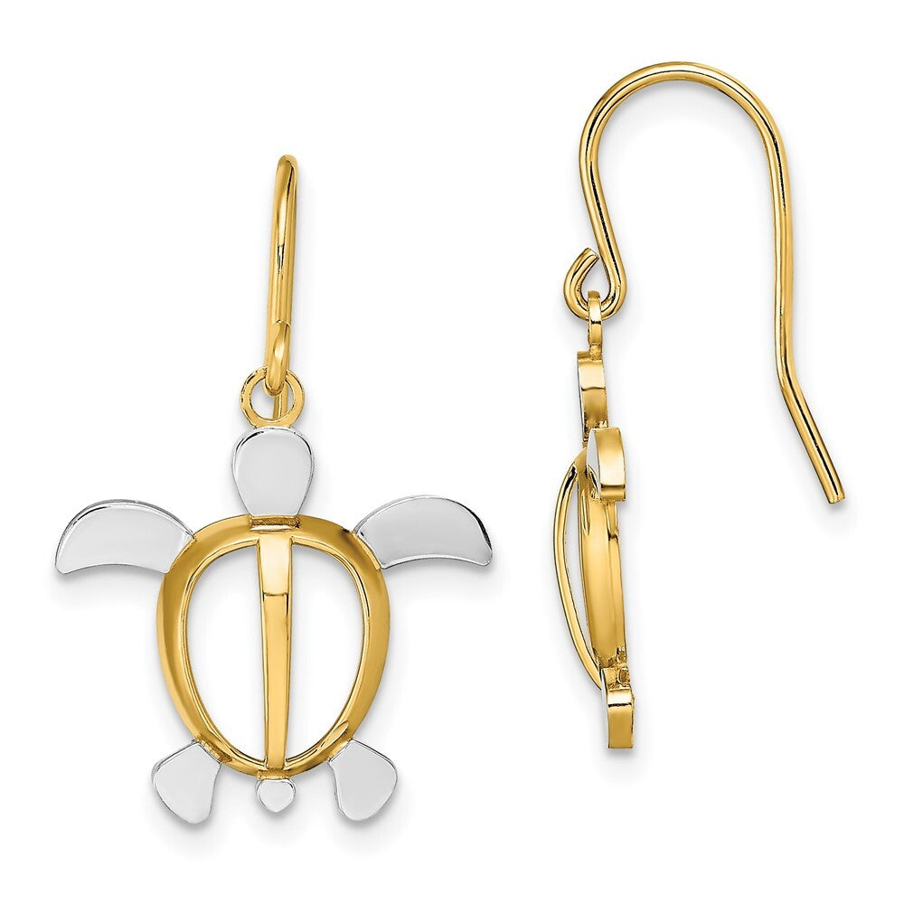 14k Yellow Gold Rhodium Sea Turtle Dangle Earrings