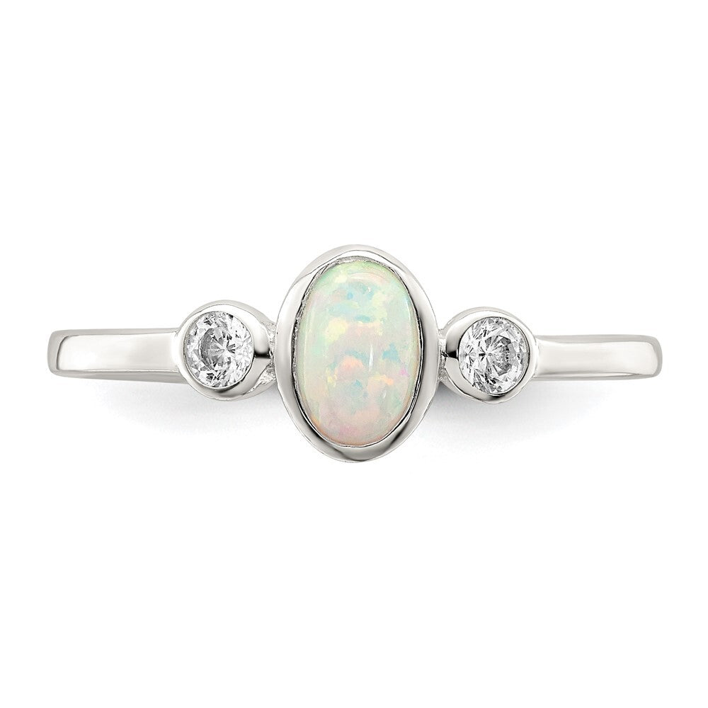 Sterling Silver Polished CZ and White Created Opal Ring Size 6