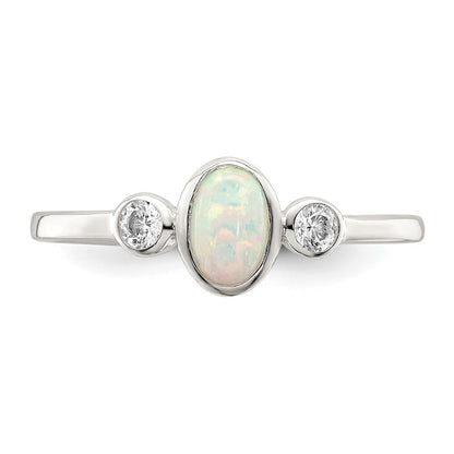 Sterling Silver Polished CZ and White Created Opal Ring Size 6