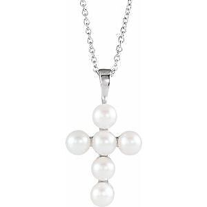 14k White Gold Cultured White Freshwater Pearl Cross 16-18" Necklace for Women