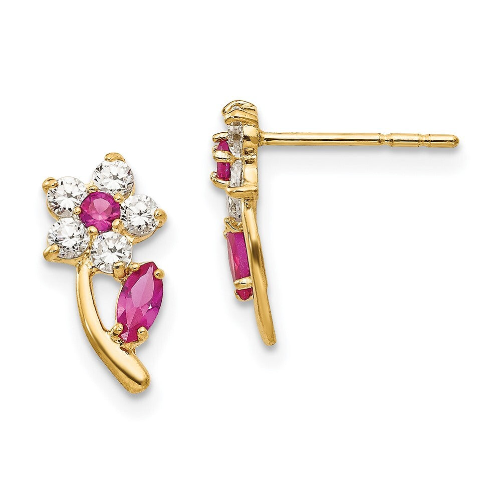 14k Yellow Gold Clear & Red Cubic Zirconia Flower Stud Earrings Gift for Women