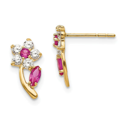 14k Yellow Gold Clear & Red Cubic Zirconia Flower Stud Earrings Gift for Women