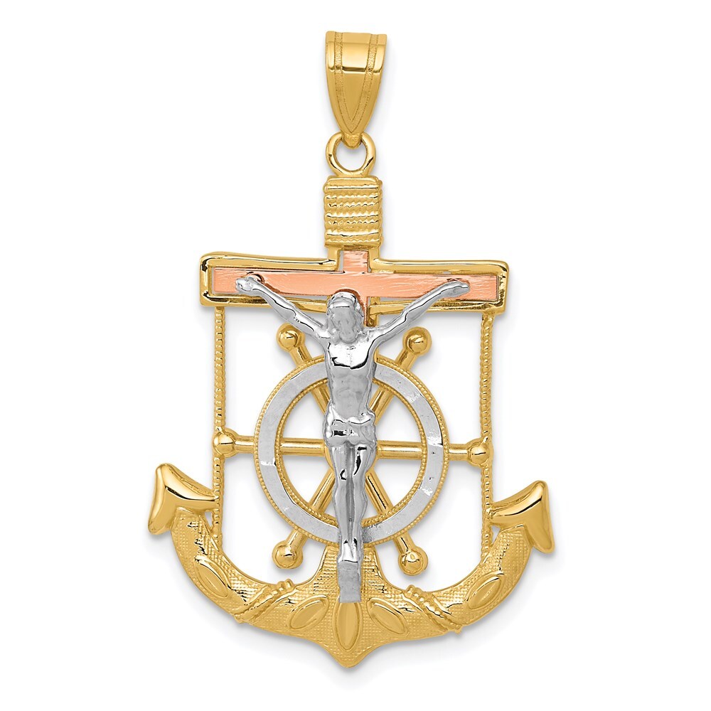 14k Tri-Color Gold Tri-color Diamond-cut Textured Mariner's Cross Pendant