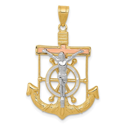 14k Tri-Color Gold Tri-color Diamond-cut Textured Mariner's Cross Pendant