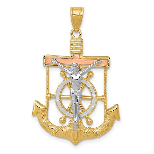 14k Tri-Color Gold Tri-color Diamond-cut Textured Mariner's Cross Pendant