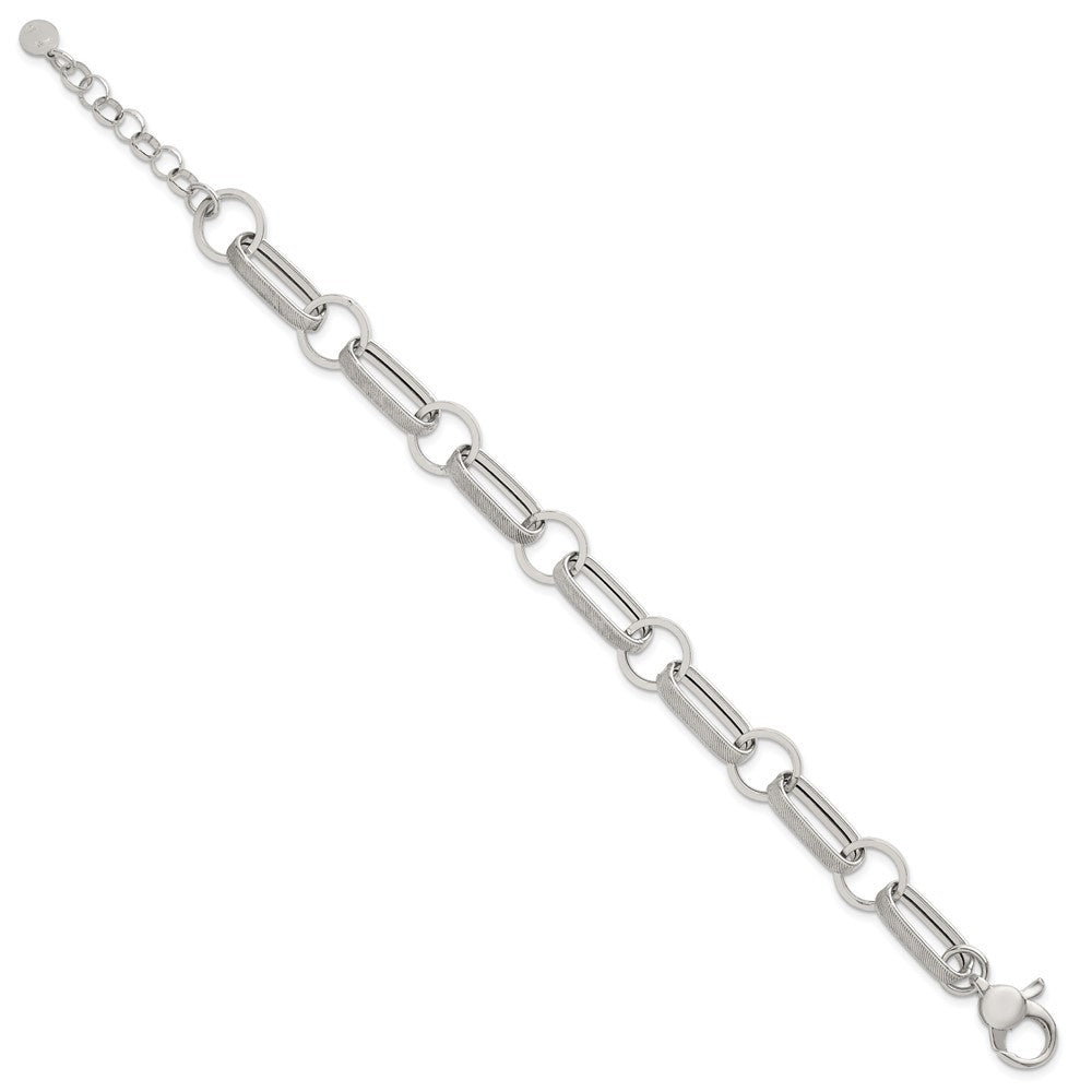 Sterling Silver  and Textured Oval and Round Link 7.5" with 1" Extender Bracelet