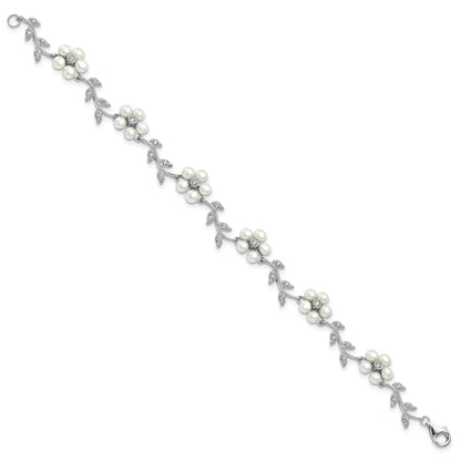 Sterling Silver Rhodium-plated CZ Vine Pattern Cultured Pearl Floral 7" Bracelet