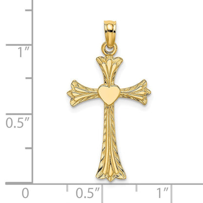 14k Yellow Gold Polished and Engraved Cross  Heart Charm Pendant for Women