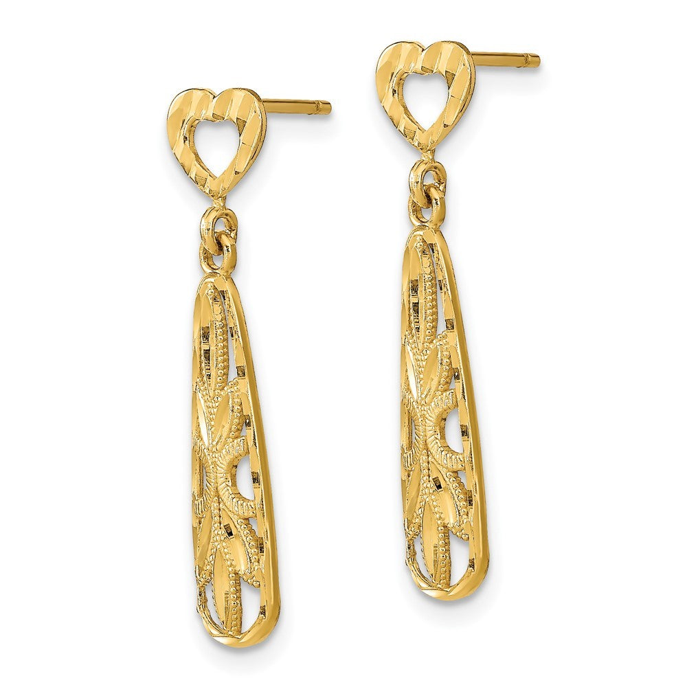 14k Yellow Gold Diamond-Cut Teardrop Heart Dangle Earrings