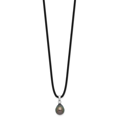 Sterling Silver Black Teardrop Tahitian Cultured Pearl Silicone Necklace 18"