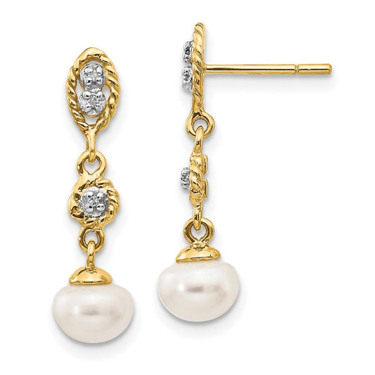 14k Yellow Gold w/Rhodium 6-7mm Semi-round FWC Pearl .02ct Diamond Earrings