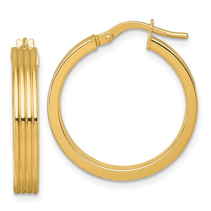 14k Yellow Gold Polished and Grooved 4 x 24mm Tube Hoop Earrings