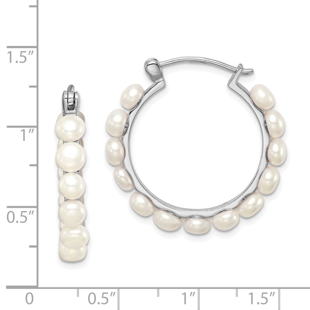 Sterling Silver 4-5mm White Button Freshwater Cultured Pearl Hoop Earrings