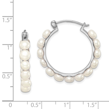 Sterling Silver 4-5mm White Button Freshwater Cultured Pearl Hoop Earrings