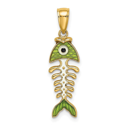 14k Yellow Gold 3D Green Enamel Fish Bone Charm Pendant for Women