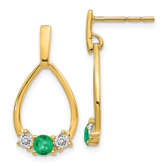 14k Yellow Gold  Emerald and White Sapphire Dangle Earrings
