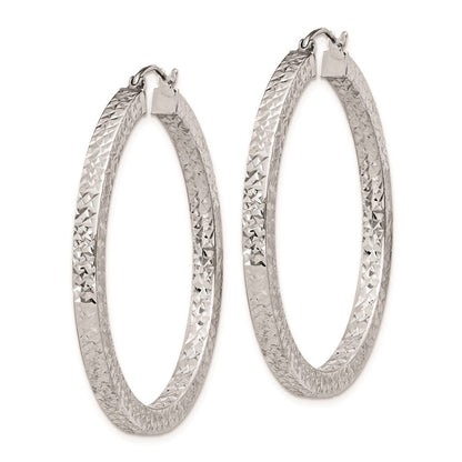 Sterling Silver Rhodium-plated Diamond-cut 3x40mm Square Tube Hoop Earrings