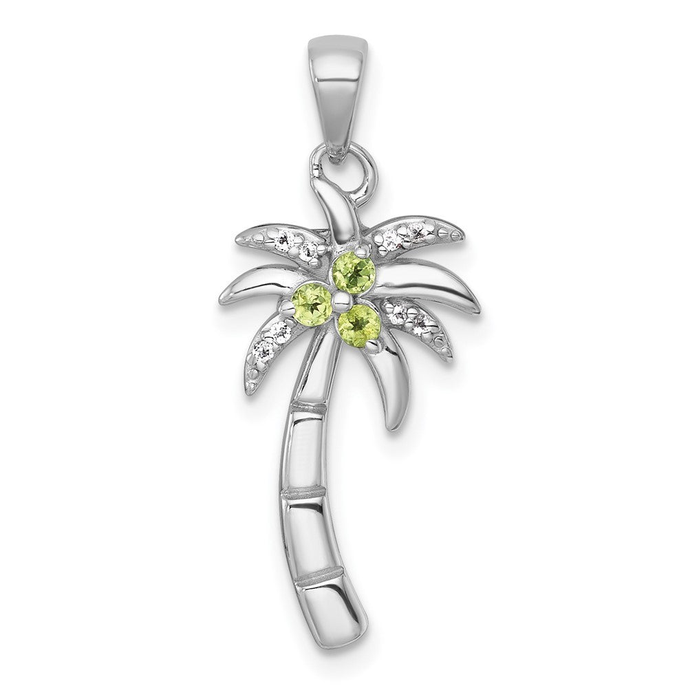 Sterling Silver Polished and Grooved Peridot and White Topaz Palm Tree Pendant