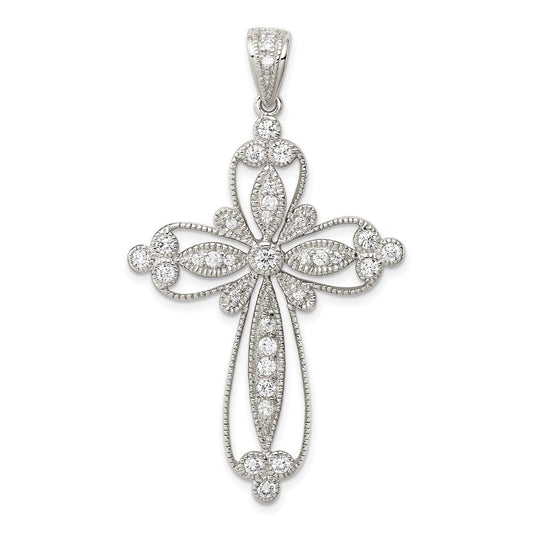 Sterling Silver Rhodium-plated Cubic Zirconia Filigree Cross Pendant