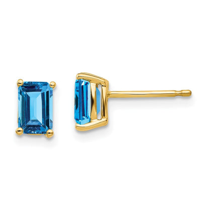 14k Yellow Gold 6x4mm Emerald Cut Blue Topaz Stud Earrings Gift for Women