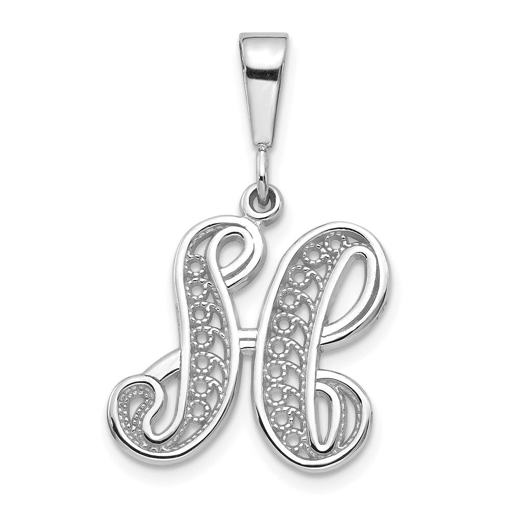 14k White Gold Solid Polished Script Filigree Letter H Initial Pendant for Women