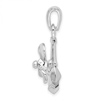 Sterling Silver Rhodium-Plated Moveable 3D Anchor with Propeller Pendant