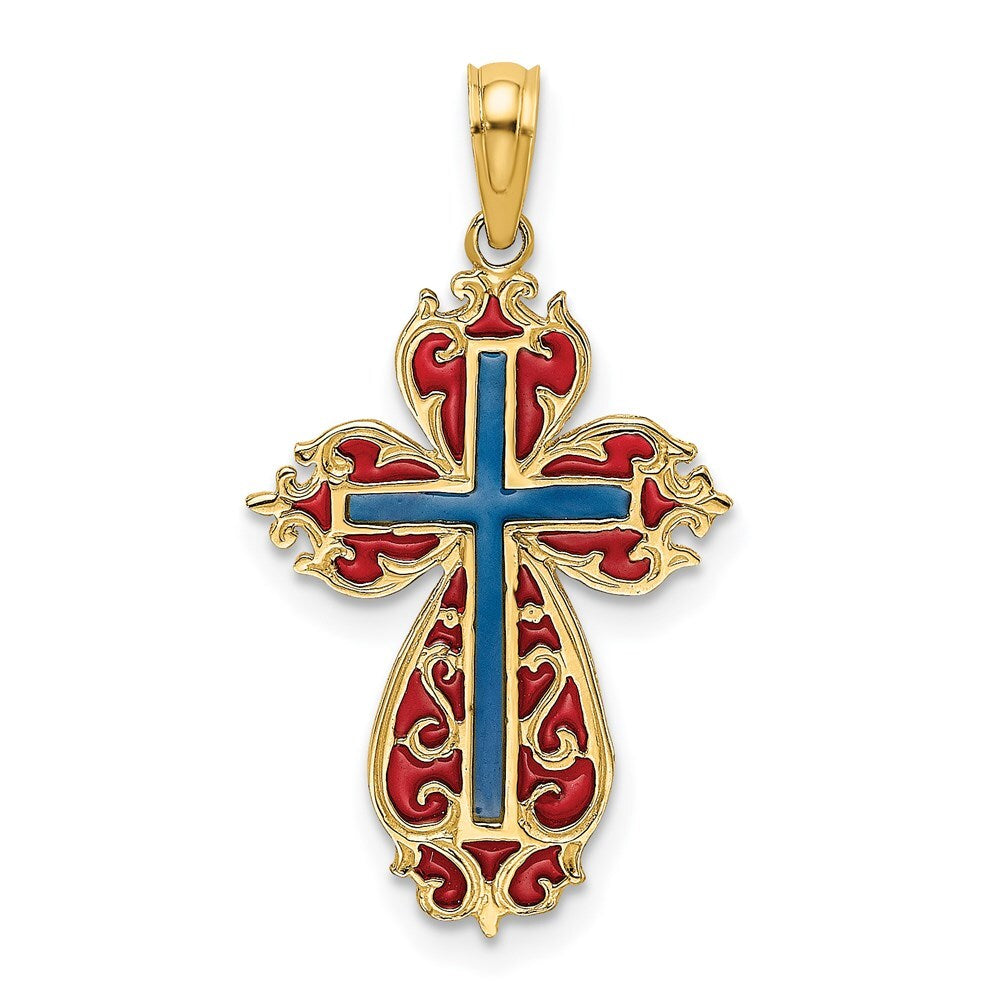 14k Yellow Gold  Blue and Red Enameled Cross Charm Pendant for Women