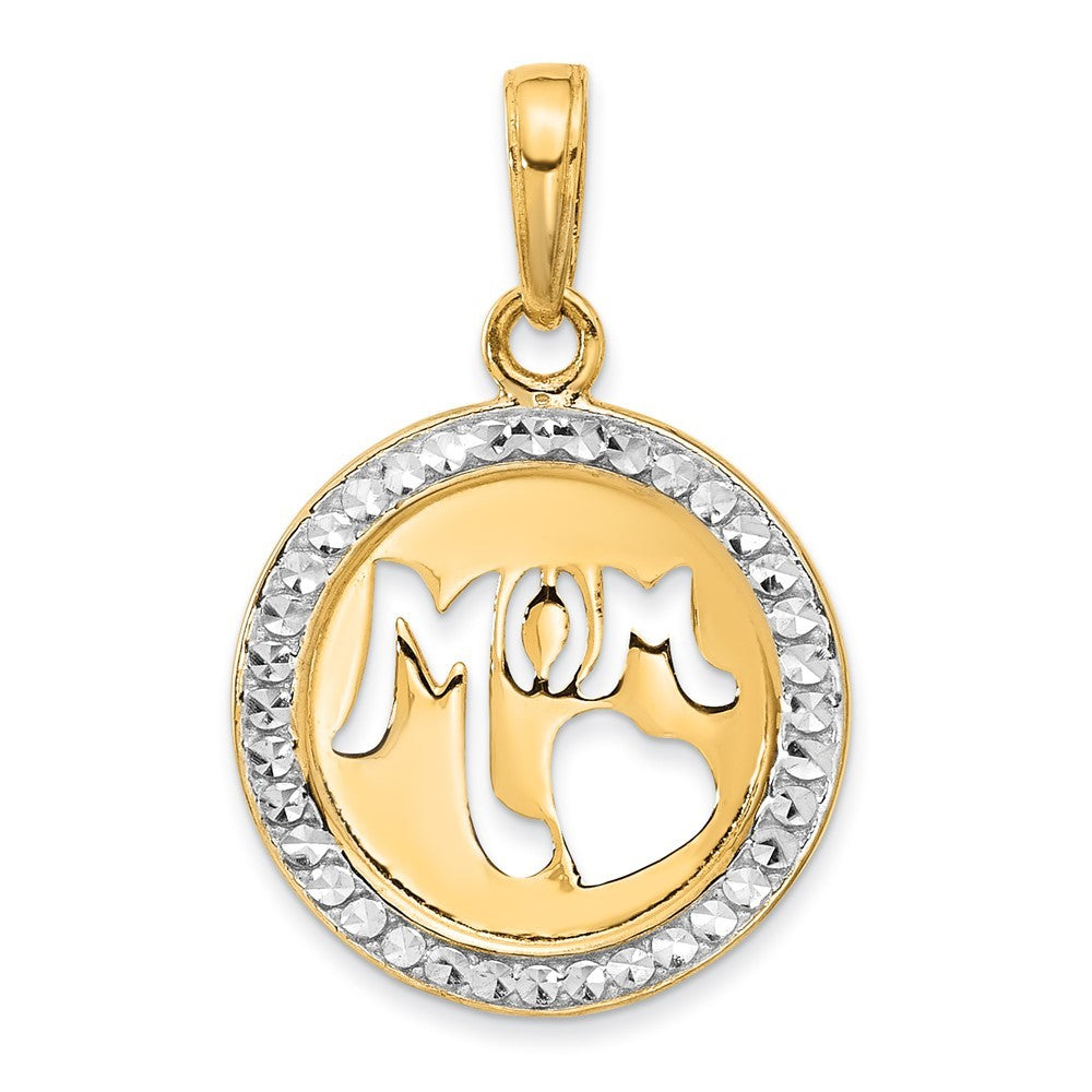 14k Yellow Gold and White Rhodium Diamond-Cut MOM Cut-out Heart Pendant