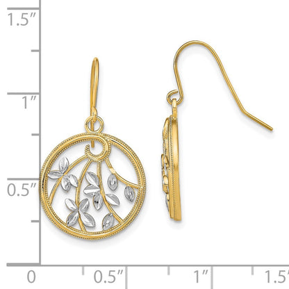 14k Yellow Gold w/Rhodium Diamond-Cut Leaves Round Dangle Earrings