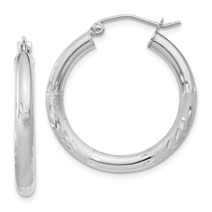 14k White Gold Satin and Diamond-cut 3mm Round Hoop Earrings Gift for Women