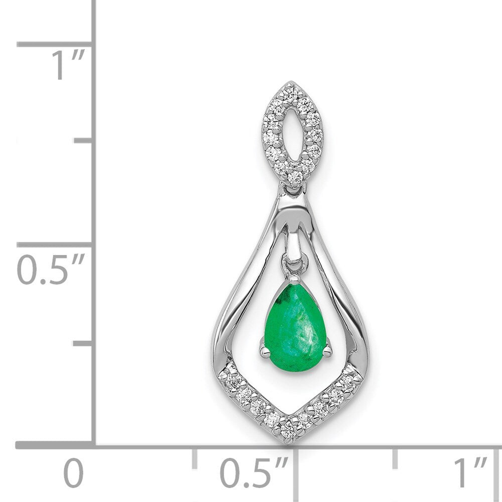 14k White Gold Diamond and Teardrop Emerald Dangle Pendant for Women