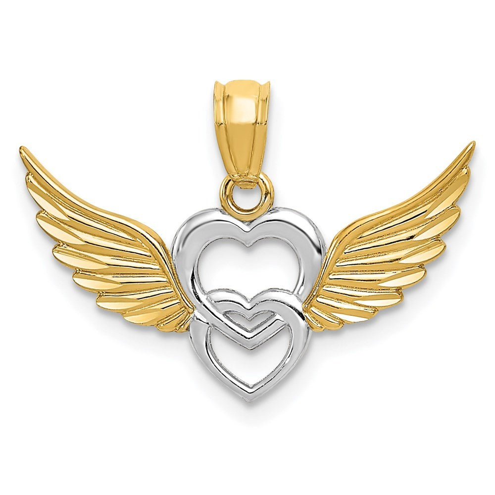 14k Yellow Gold and White Rhodium Polished Hearts with Wings Pendant