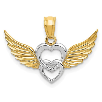 14k Yellow Gold and White Rhodium Polished Hearts with Wings Pendant