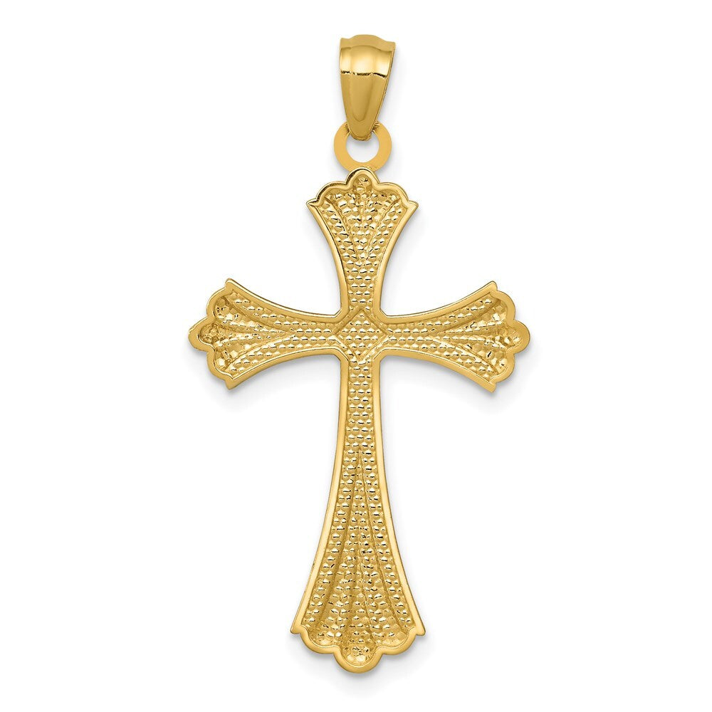 14k Yellow Gold Diamond-Cut Rhodium Budded Cross Pendant