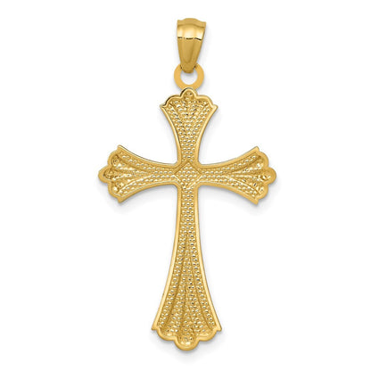 14k Yellow Gold Diamond-Cut Rhodium Budded Cross Pendant
