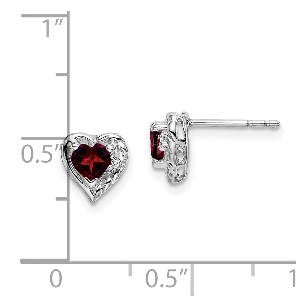 14k White Gold Garnet and Diamond Heart Stud Earrings