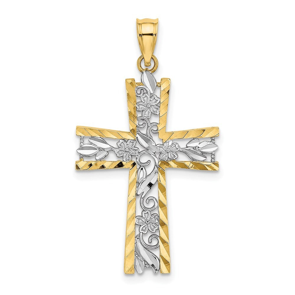 14k Yellow Gold W Rhodium and Diamond-Cut Flower Design Cross Charm