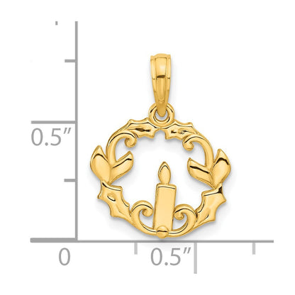 14k Yellow Gold Polished Candle with Holly Circle Pendant for Women