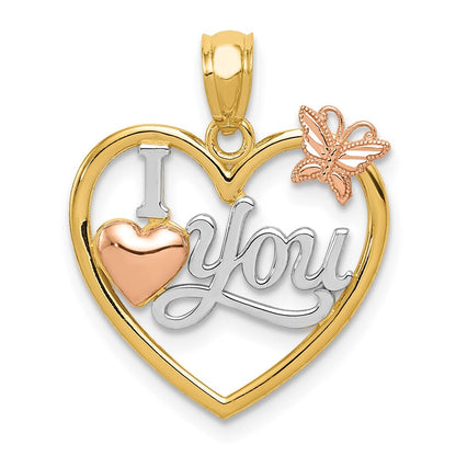 14k Two-tone Gold White Rhod I LOVE YOU Heart Butterfly Pendant