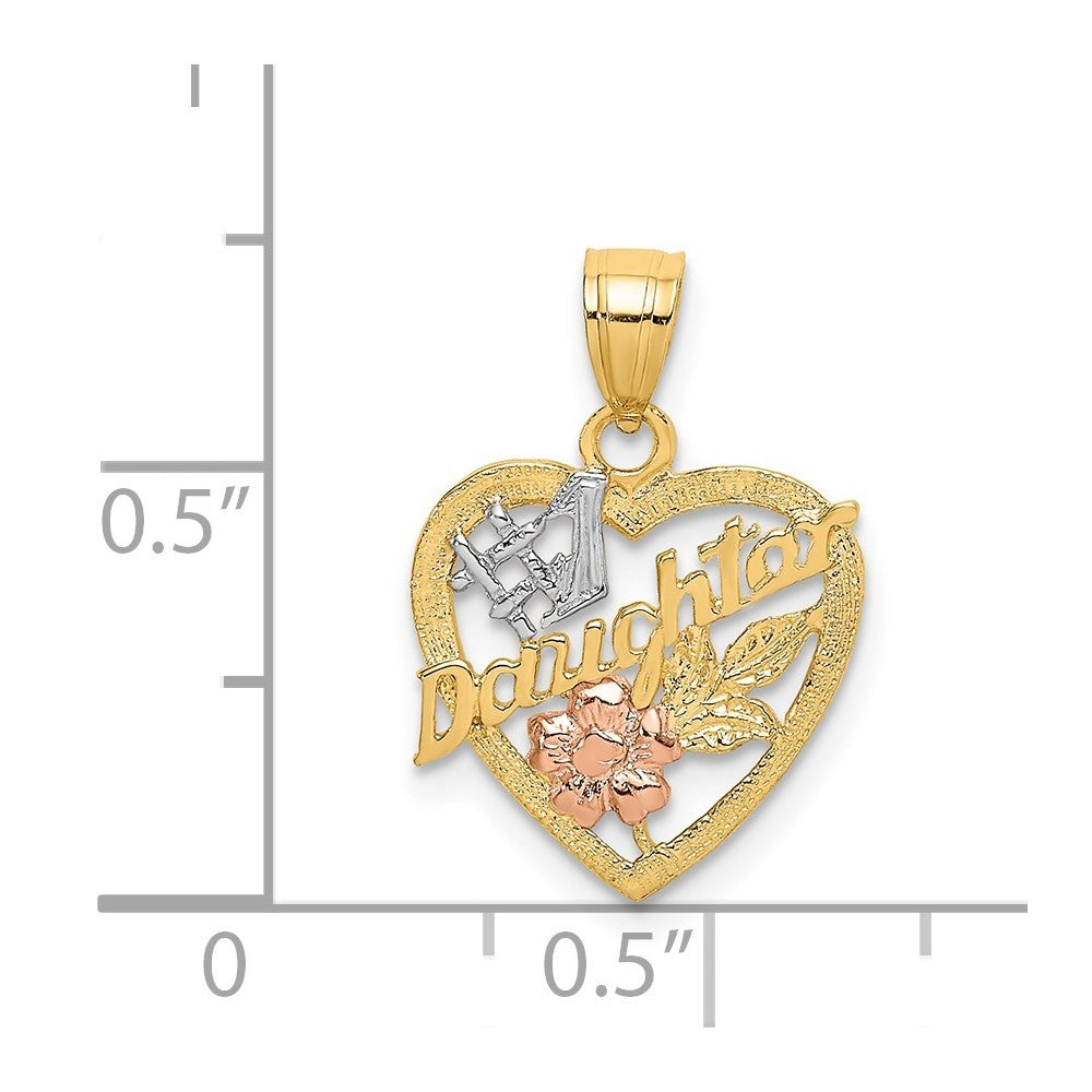 14k Two-tone with White Rhodium #1 DAUGHTER In Heart with Flowers Charm