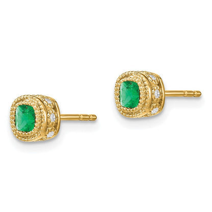 14k Yellow Gold Emerald and Diamond Stud Earrings