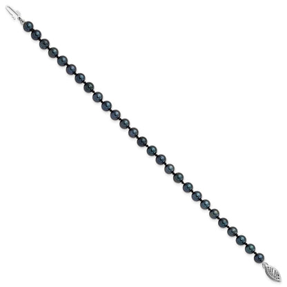 14k White Gold 5-6mm Black Round Saltwater Akoya Cultured Pearl 8 inch Bracelet