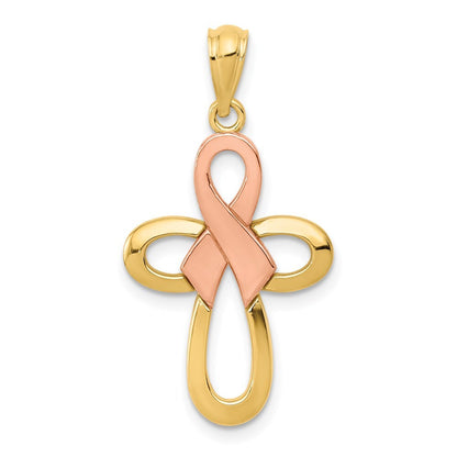 14k Two-tone Gold Polished Pink Ribbon Cross Pendant for Women