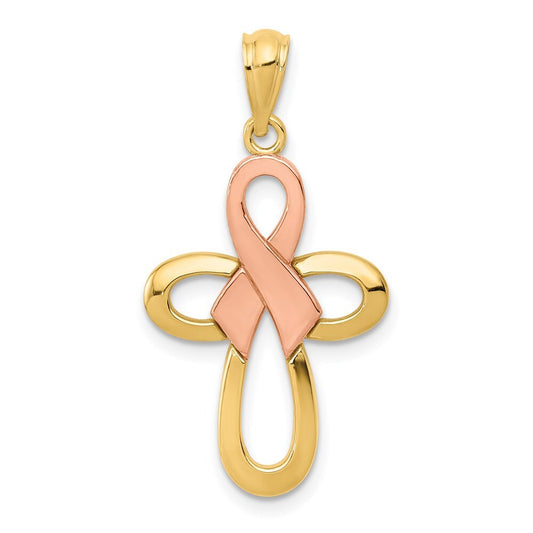 14k Two-tone Gold Polished Pink Ribbon Cross Pendant for Women