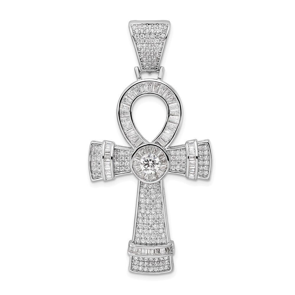 Sterling Silver Rhodium-plated Polished Cubic Zirconia Ankh Cross Pendant