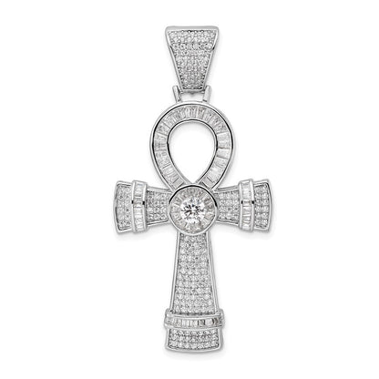 Sterling Silver Rhodium-plated Polished Cubic Zirconia Ankh Cross Pendant