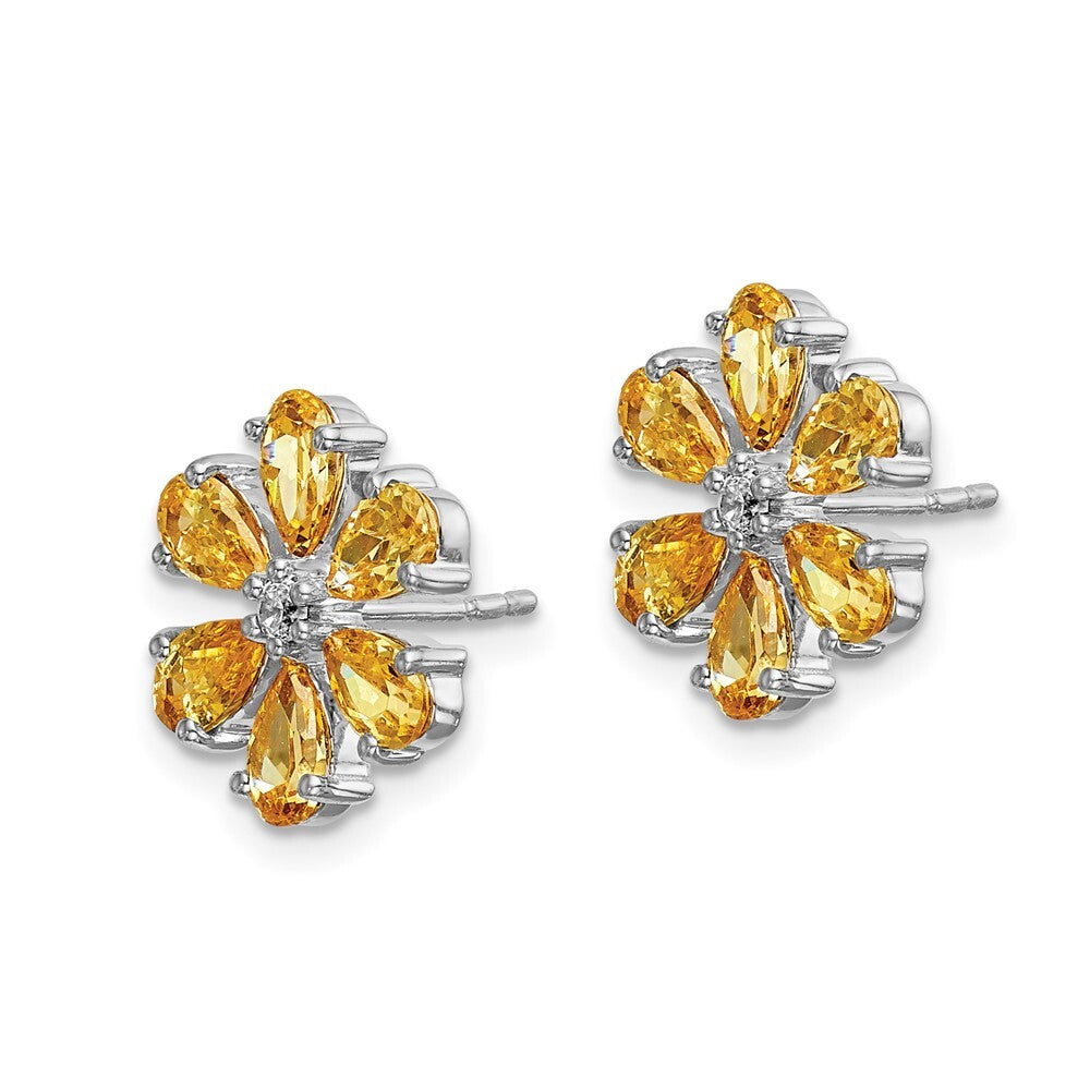 14k White Gold Diamond Citrine Flower Stud Earrings