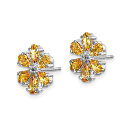 14k White Gold Diamond Citrine Flower Stud Earrings